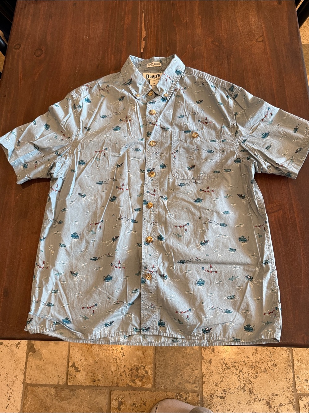 Duluth Trading Co Light Blue Short-Sleeve Button-Down with Nautical Motif